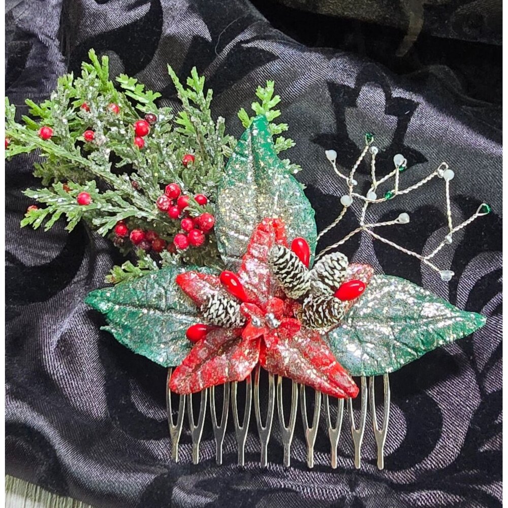 Natural Moonstone & Emerald Gemstone Frosted Holiday/Poinsettia Style Hair Comb